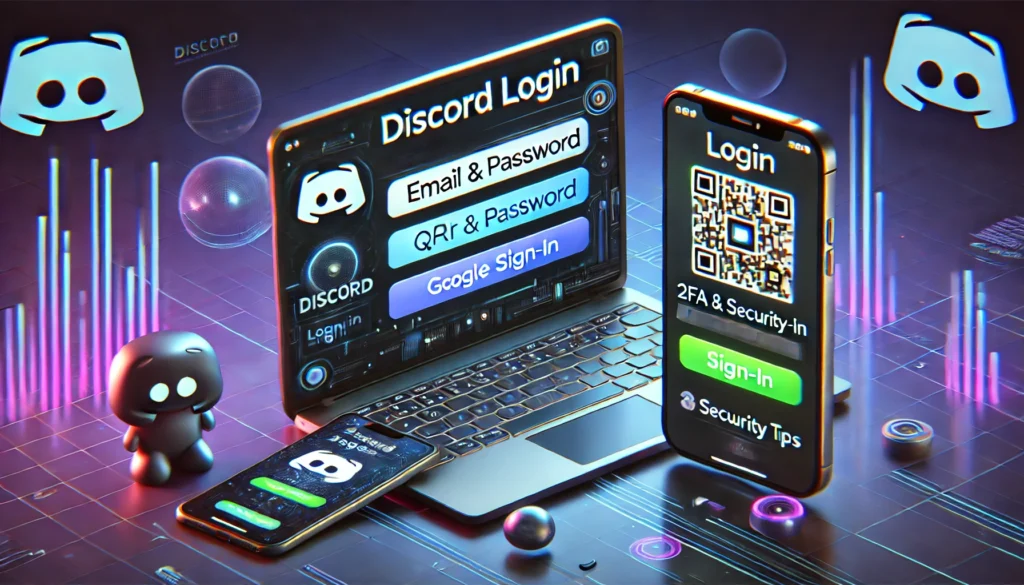 Discord login screen with email, QR, and Google sign-in.
