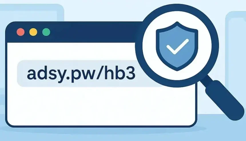 Illustration of a shortened URL being analyzed for safety featuring adsy.pwhb3 in a browser bar with cybersecurity icons