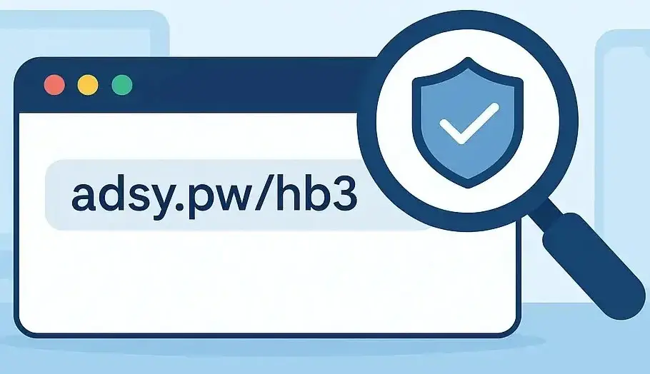 Illustration of a shortened URL being analyzed for safety featuring adsy.pwhb3 in a browser bar with cybersecurity icons