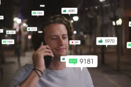 Influencersgonewild - Influencer holding phone surrounded by flashing lights, symbolizing viral fame